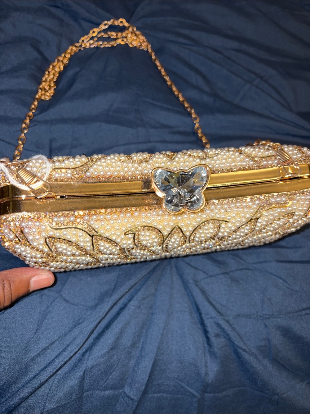 Gold Pearl & Crystal Floral Evening Clutch with Chain Strap - Picture 3 of 6